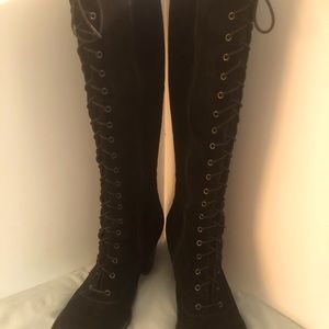 Born boots Sussex size 9, black suede, zip plus lace up front, 2.75” heel.
